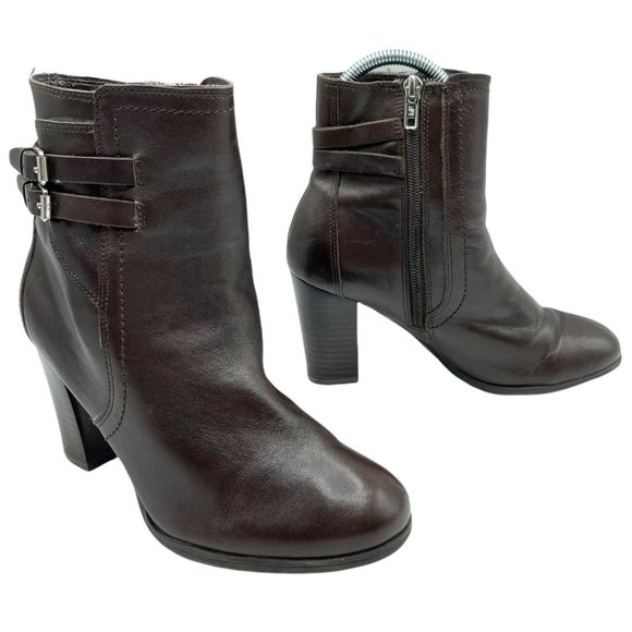 Marc Fisher Shoes - Marc Fisher Leather Ankle Bootie Shoe Brown 6.5 Block Heel Women Buckle Boot